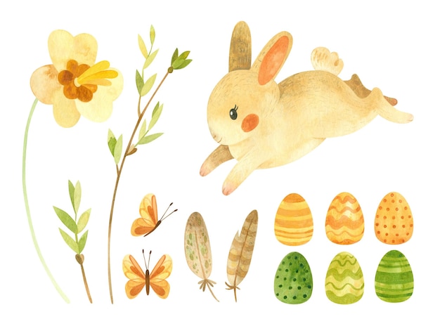 Le bébé lapin de Pâques, les œufs de lapin, les plumes et les fleurs de printemps, l'aquarelle, le clip