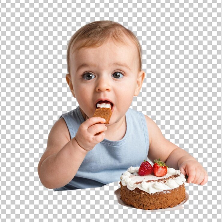 PSD un bebé lindo comiendo pastel en un fondo transparente