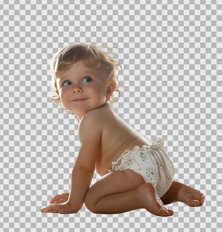 PSD bébé mignon en nappy sur un fond transparent isolé