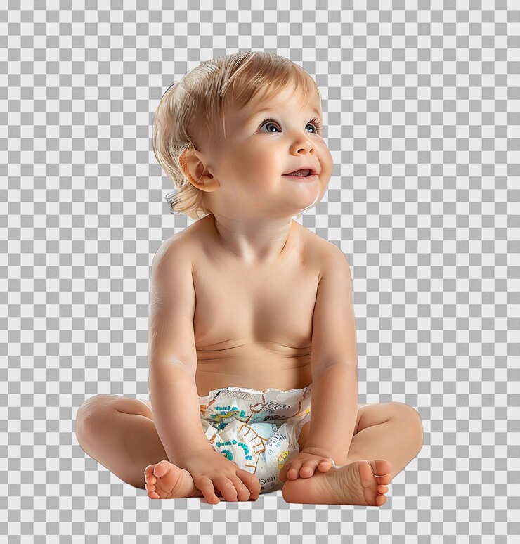 PSD bébé mignon en nappy sur un fond transparent isolé