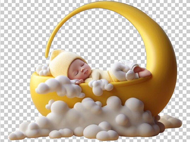 Un Bébé Mignon Qui Dort, Vêtu De Blanc, Sur La Lune Jaune Et Les Nuages.