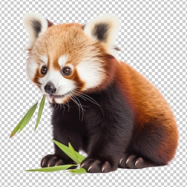 Bebê panda vermelho comendo bambu isolado em fundo transparente