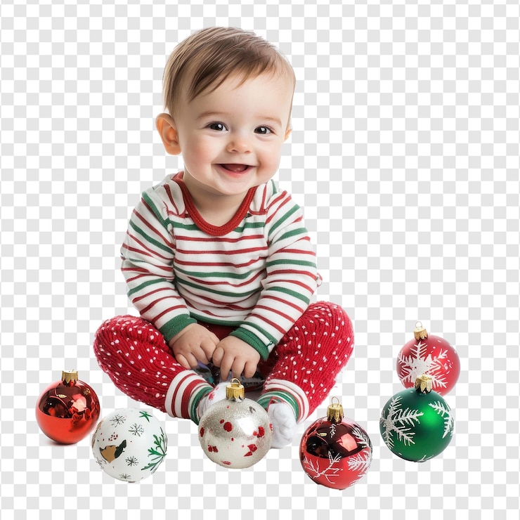 PSD un bebé sonriente sentado con decoraciones navideñas aisladas en un fondo transparente