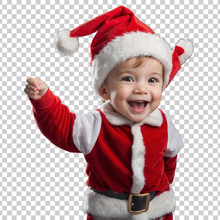 PSD un bebé en un traje de papá noel sonríe y sonríe