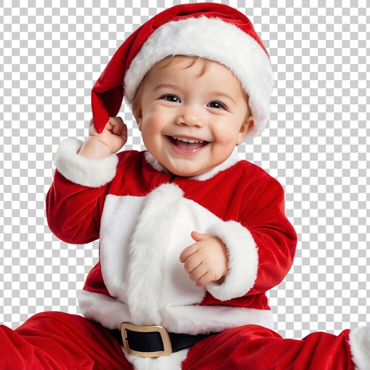 PSD un bebé en un traje de papá noel sonríe y sonríe