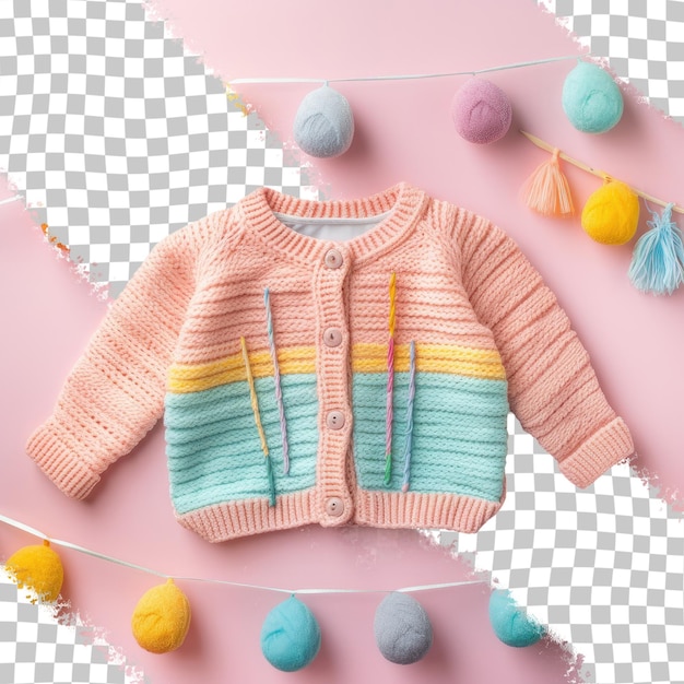 PSD bebé vistiendo una chaqueta tejida con lana y agujas aisladas sobre un fondo transparente