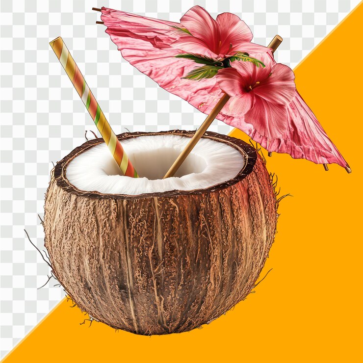 Bebida de coco con paja de paraguas y flor tropical sobre fondo blanco