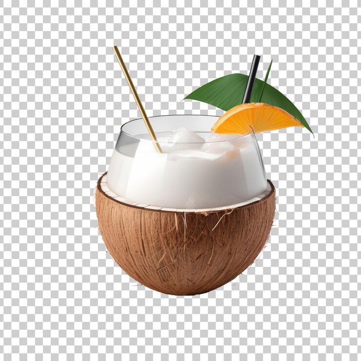 PSD una bebida de coco con una rebanada de coco en el vaso