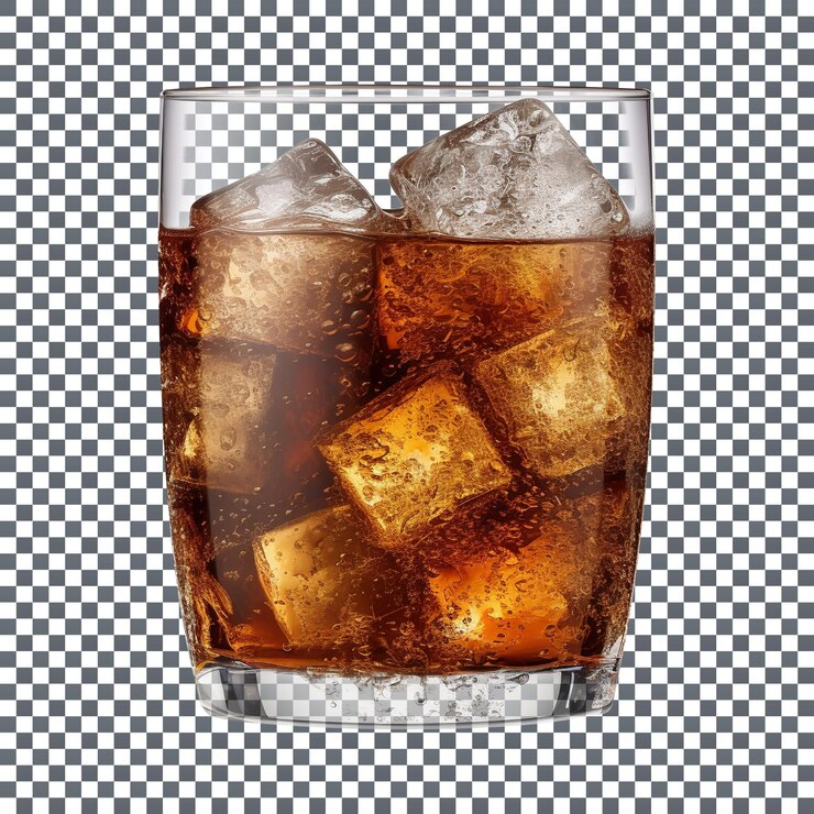 PSD bebida de cola burbujeante en un vaso con cubitos de hielo sobre fondo transparente
