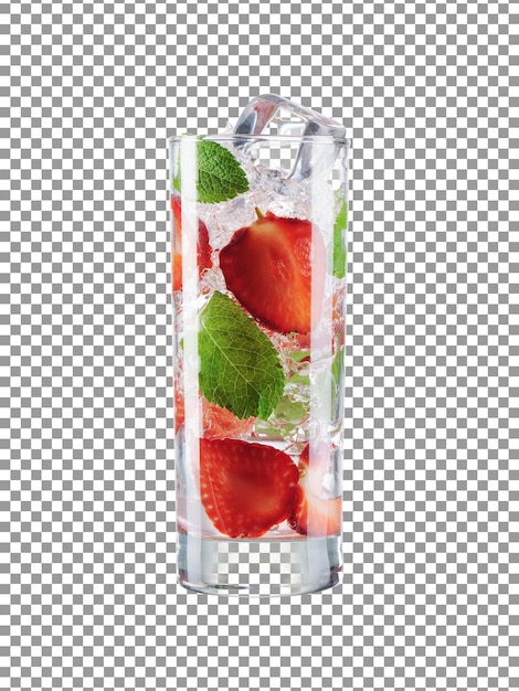 PSD bebida coquetel de morango com cubos de gelo em fundo transparente