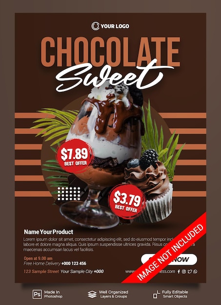 PSD bebida de chocolate doce e café de menu de bolo para modelo de banner de cartaz de promoção