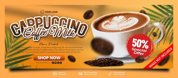 Bebida especial de leche de café capuchino con decoración publicación en redes sociales plantilla de banner de portada de facebook