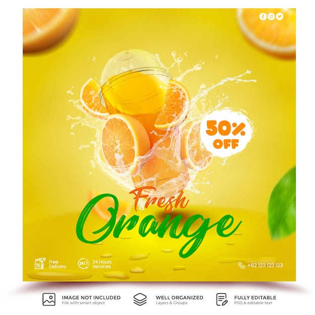 Bebida fresca naranja menú de frutas promoción publicación en redes sociales