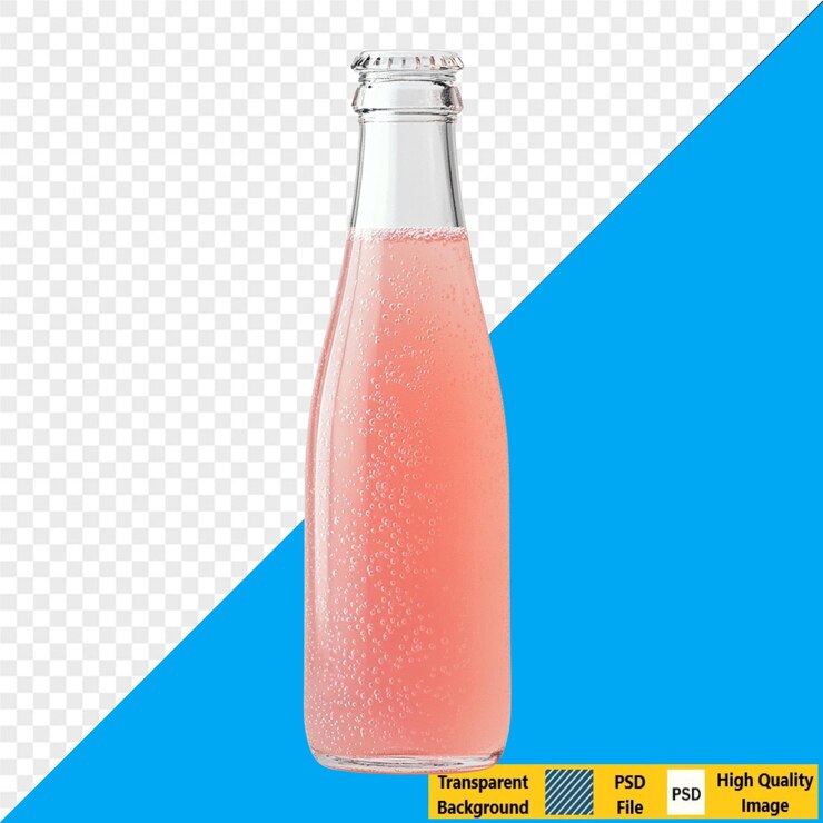 PSD bebida gaseosa rosada en una botella de vidrio