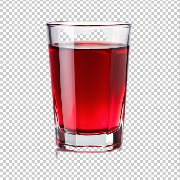 Bebida roja fría con hielo en un vaso transparente sobre un fondo blanco