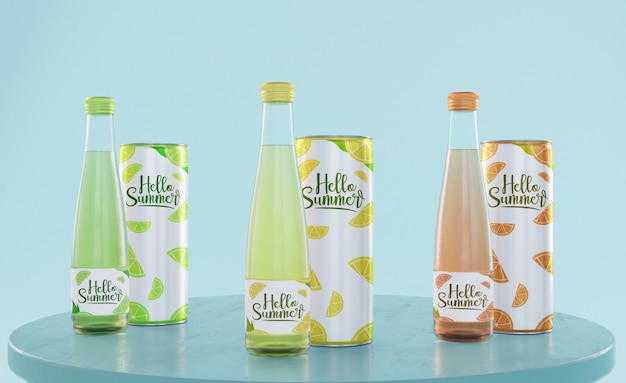 Bebidas de verão na mesa com fundo azul