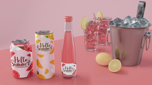 Bebidas de verão na mesa com fundo rosa