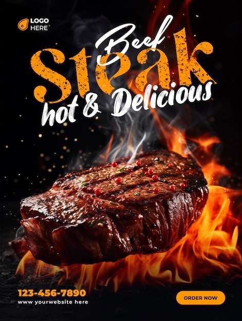 PSD beef steak fuego caliente y delicioso plantilla de publicación de instagram en las redes sociales
