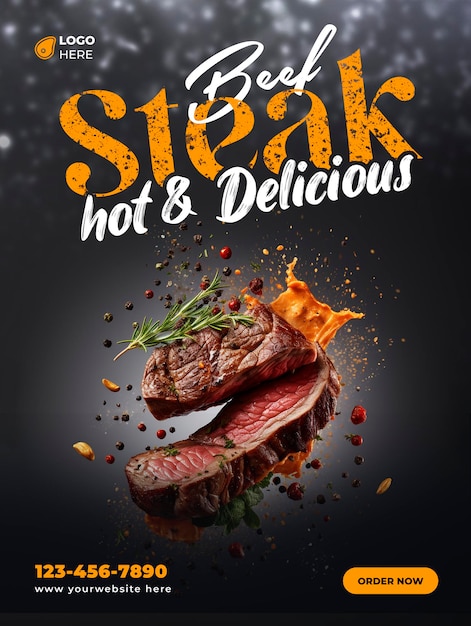 Beef steak quente e delicioso modelo de postagem de instagram para redes sociais