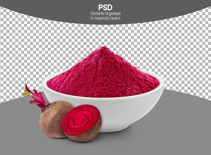 PSD beetroot powder in white bowl isolated on transparent background