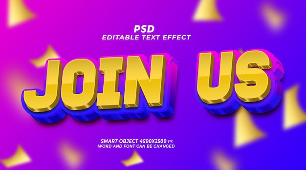 Begleiten Sie uns 3D-PSD-bearbeitbare Texteffekt-Photoshop-Vorlage mit Hintergrund