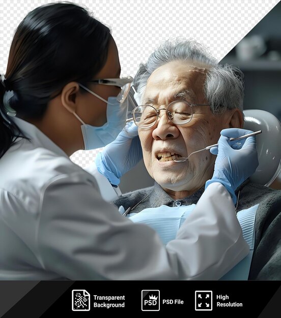 Bei den zahnärzten arbeitet man an einem patienten mit offenem mund, mit silbernen und klaren brillen und einem blauen handschuh. der patient hat graue haare und eine große nase und trägt eine png-psd.