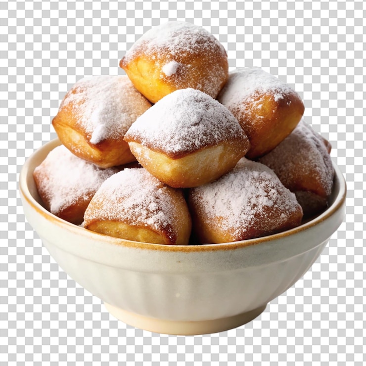 PSD beignets franceses caseros de nueva orleans en un cuenco aislado sobre un fondo transparente