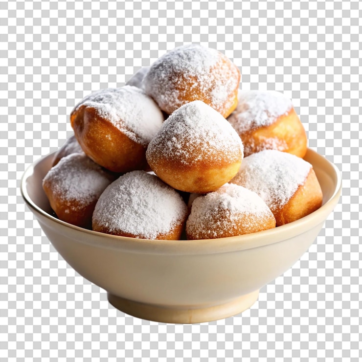 PSD beignets franceses caseros de nueva orleans en un cuenco aislado sobre un fondo transparente