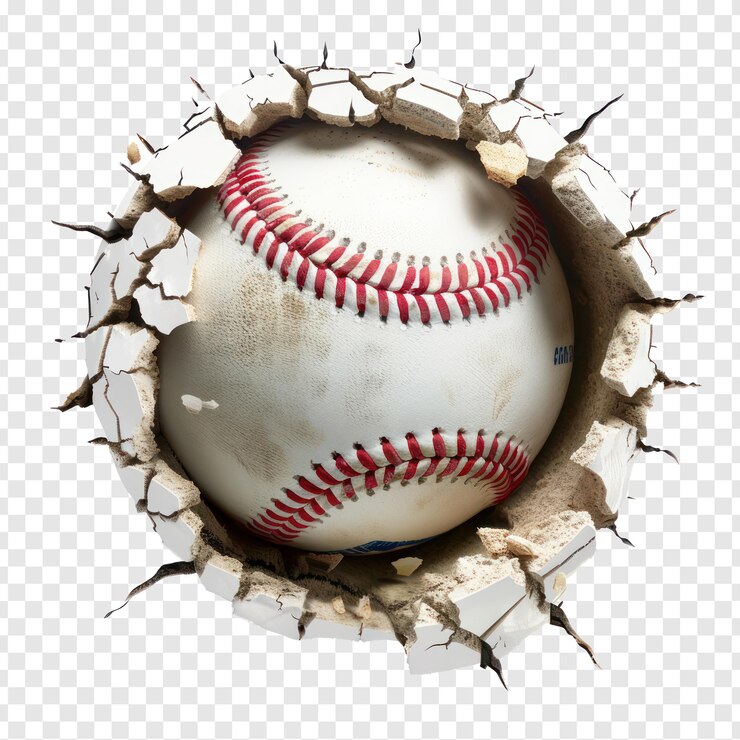 PSD béisbol estallando a través de un agujero aislar en el fondo de transparencia psd