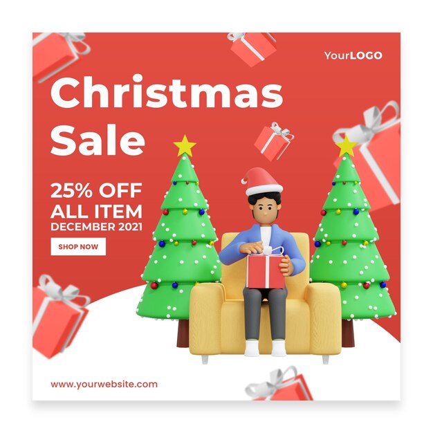 Beitragsschablone feiert weihnachten zu hause 3d-rendering 3d-illustration Premium Psd