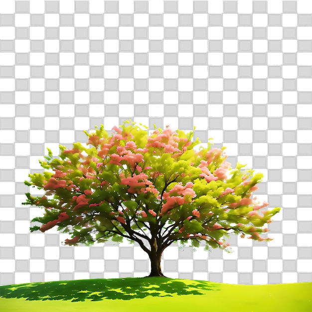 PSD un bel arbre solitaire et des fleurs sur un fond transparent ai généré