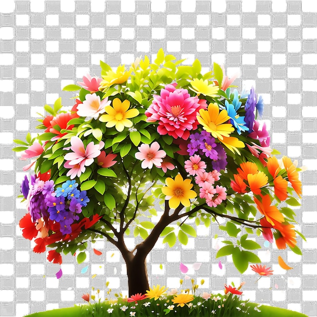 PSD un bel arbre solitaire et des fleurs sur un fond transparent ai généré