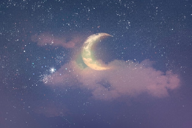 Bel fond du ciel nocturne avec une demi-lune et des étoiles