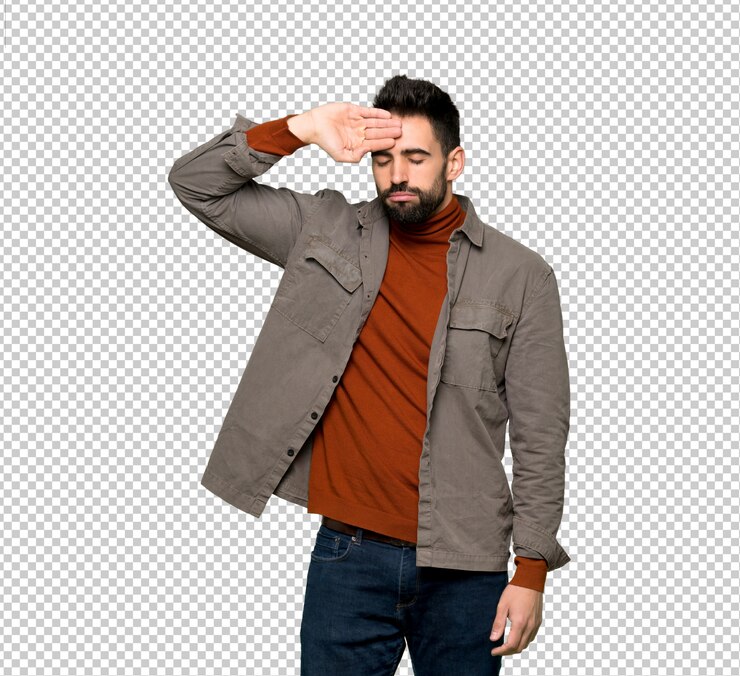 PSD bel homme à la barbe avec une expression fatiguée et malade