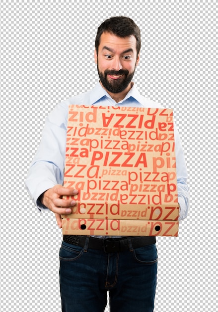 PSD bel homme avec barbe tenant des pizzas