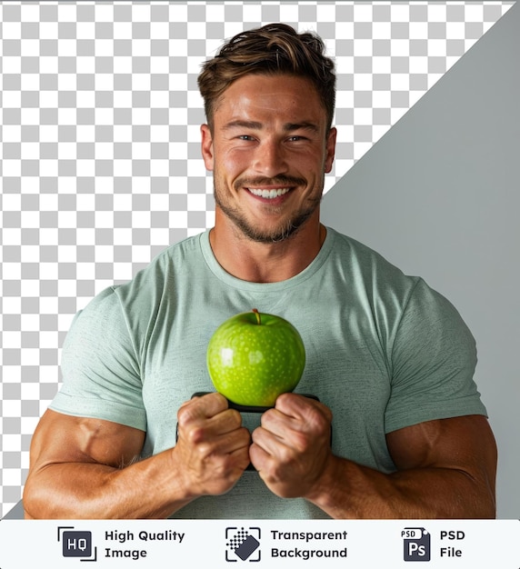 PSD un bel homme joyeux portant une chemise blanche debout montrant une pomme verte faisant de l'exercice avec des haltères
