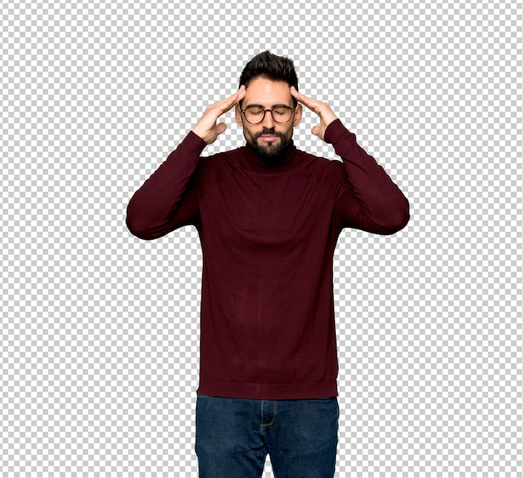 PSD bel homme avec des lunettes malheureux et frustré avec quelque chose