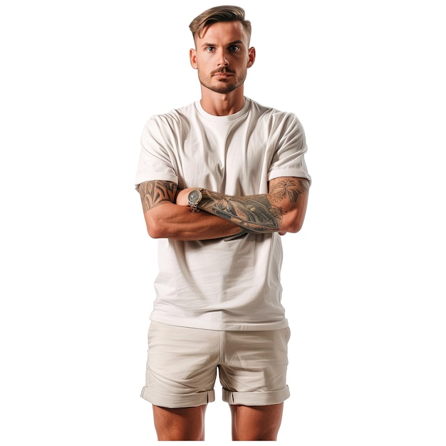 PSD un bel homme portant un short et un t-shirt avec les mains pliées posant