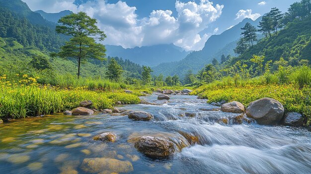 Bel paesaggio di montagne verdi e acque che scorrono con rocce nel fiume e cielo blu