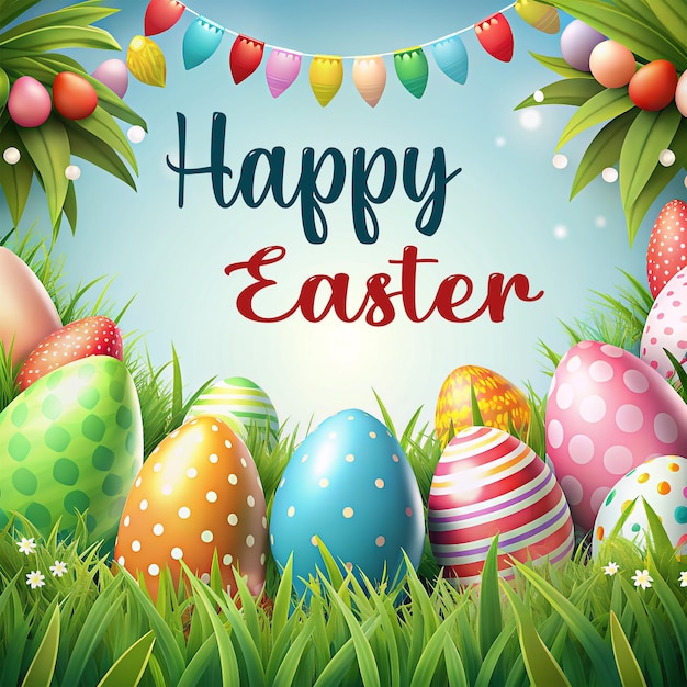 Bel poster di Pasqua con uova di Pasqua sullo sfondo dell'erba con fiori e cielo