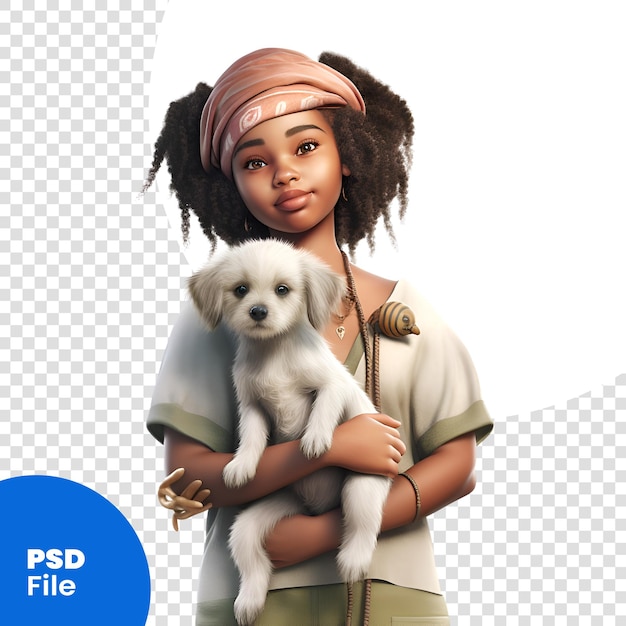 PSD bela garota afro-americana com cão isolada em pano de fundo branco modelo psd