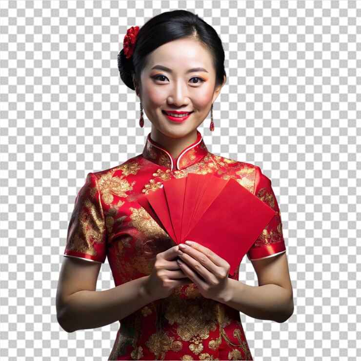 PSD bela garota de vestido vermelho mostrando cartões de ano novo chinês
