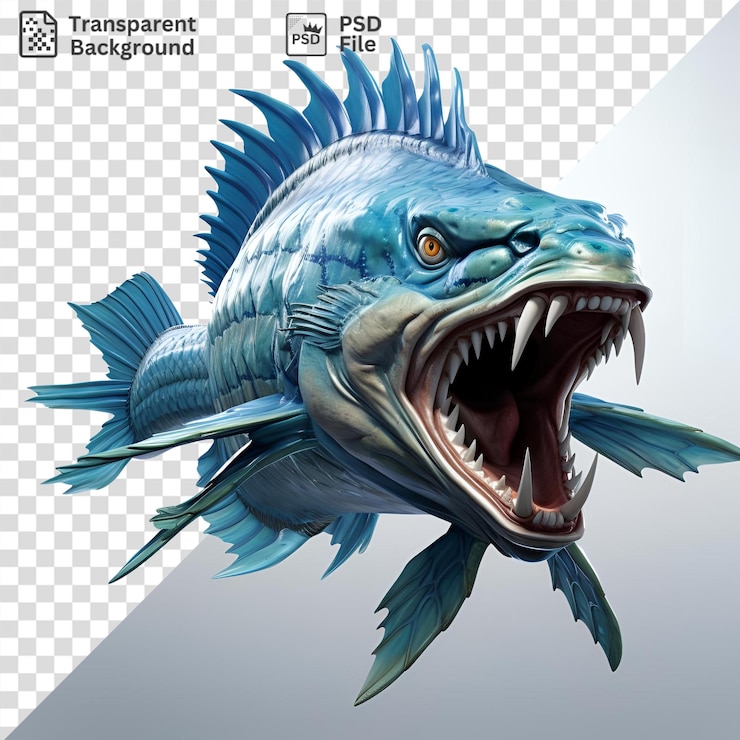 PSD bela ilustração de um peixe azul com boca aberta e olhos castanhos acompanhado por uma pena azul em um fundo isolado