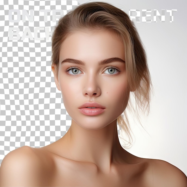 PSD bela jovem com pele limpa e perfeita retrato de modelo de beleza com maquiagem natural nua e tocando seu rosto cuidados com a pele e bem-estar spa close up fundo transparente copyspace