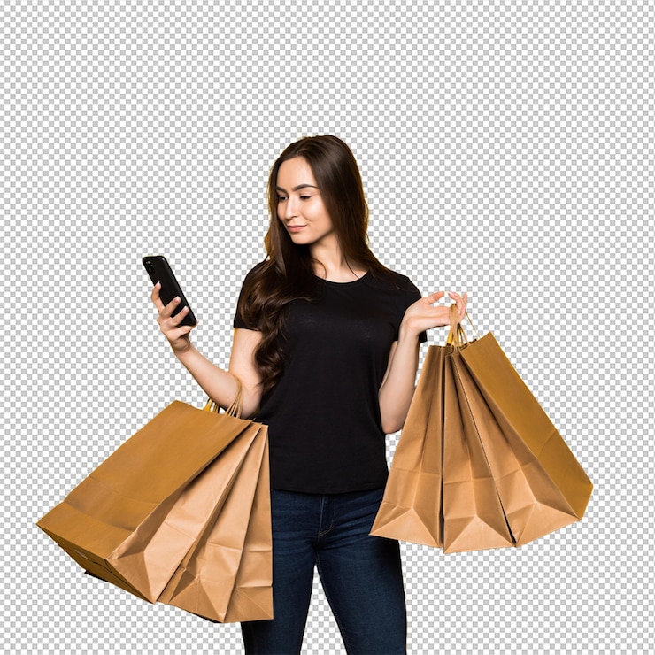 PSD bela jovem com sacos de compras usando seu smartphone na parede amarela comprar fashionaholic