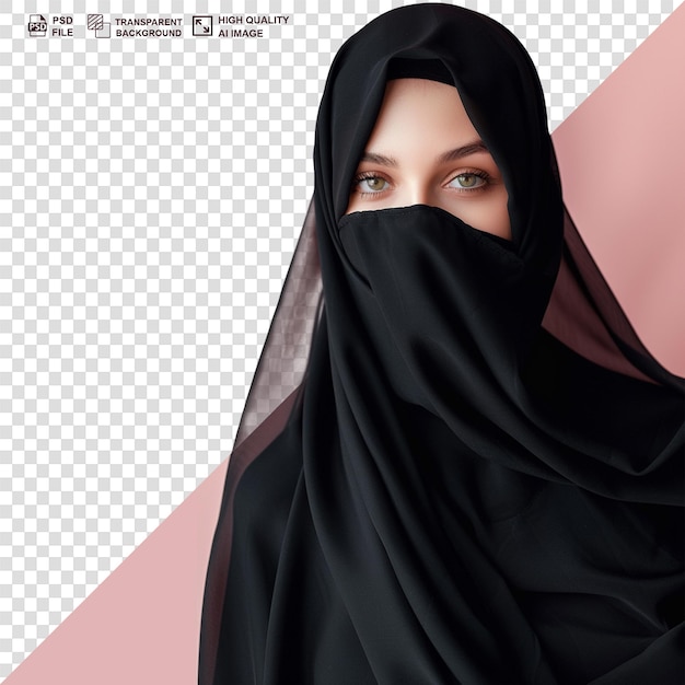 Bela jovem muçulmana de burca preta hijab fundo transparente