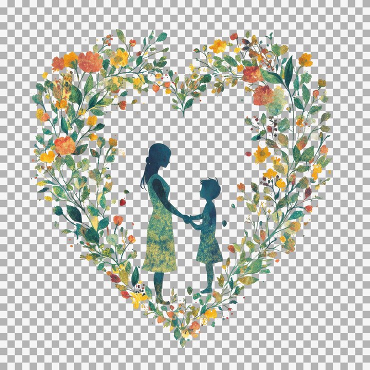PSD bela mãe e filho de mãos dadas com flores selvagens coloridas ilustração em forma de coração para o conceito do dia das mães em fundo transparente