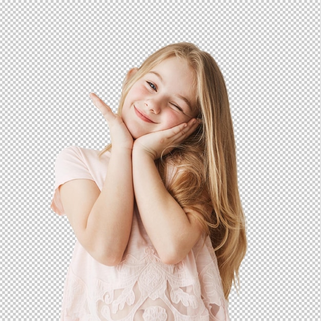 Bela menina loira sorri piscando posando tocando o rosto com as mãos em vestido rosa bonito Criança parecendo feliz e encantada Copiar espaço