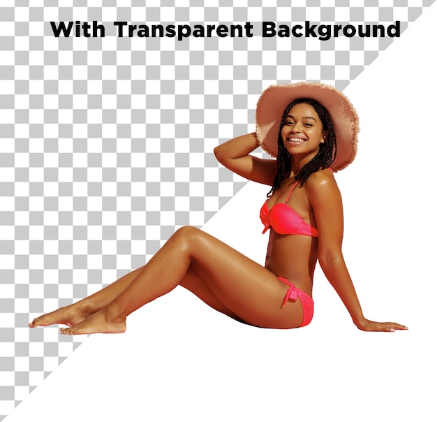Bela modelo feminina posando em biquíni rosa PNG PSD isolado em fundo transparente