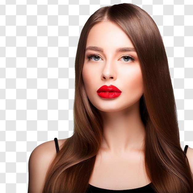 Bela mulher com cabelos castanhos longos e batom vermelho.